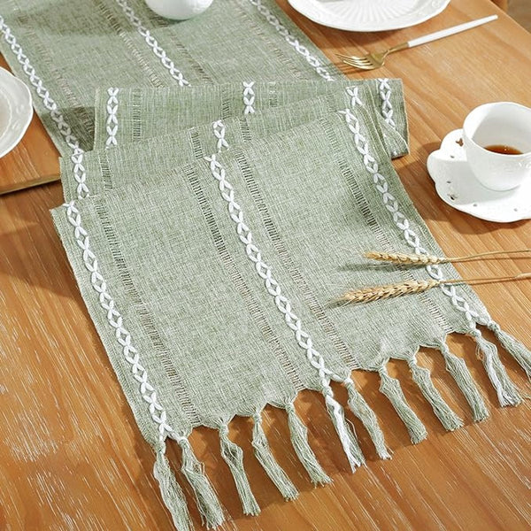 Boho Tassel Embroidered Table Runner Green Polyester 33 X 120Cm Table Runners