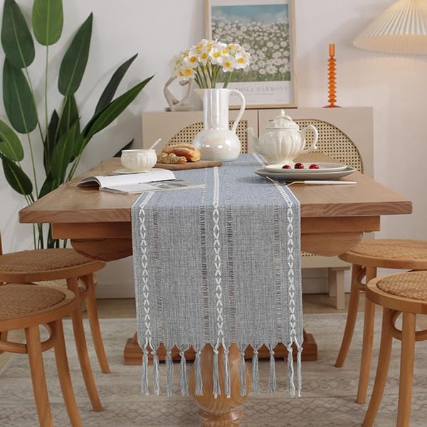 Boho Tassel Embroidered Table Runner Blue Polyester 33 X 120Cm Table Runners