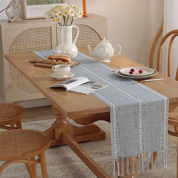 Boho Tassel Embroidered Table Runner Blue Polyester 33 X 120Cm Table Runners