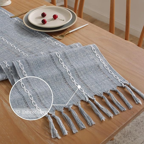 Boho Tassel Embroidered Table Runner Blue Polyester 33 X 120Cm Table Runners