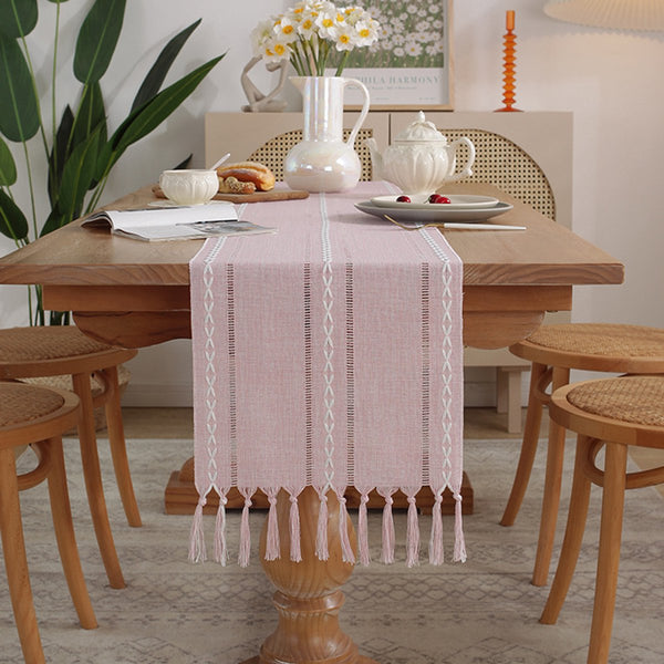 Boho Tassel Embroidered Table Runner 33 X 120Cm Pink Polyester Table Runners