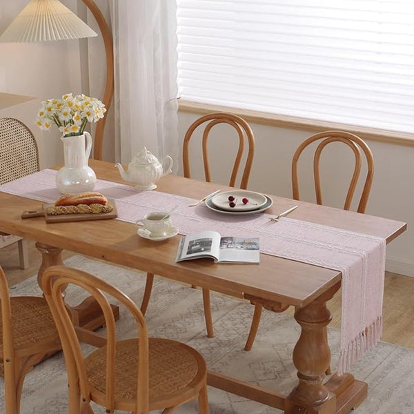 Boho Tassel Embroidered Table Runner 33 X 120Cm Pink Polyester Table Runners