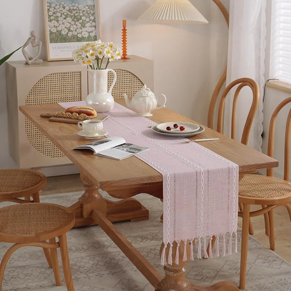 Boho Tassel Embroidered Table Runner 33 X 120Cm Pink Polyester Table Runners