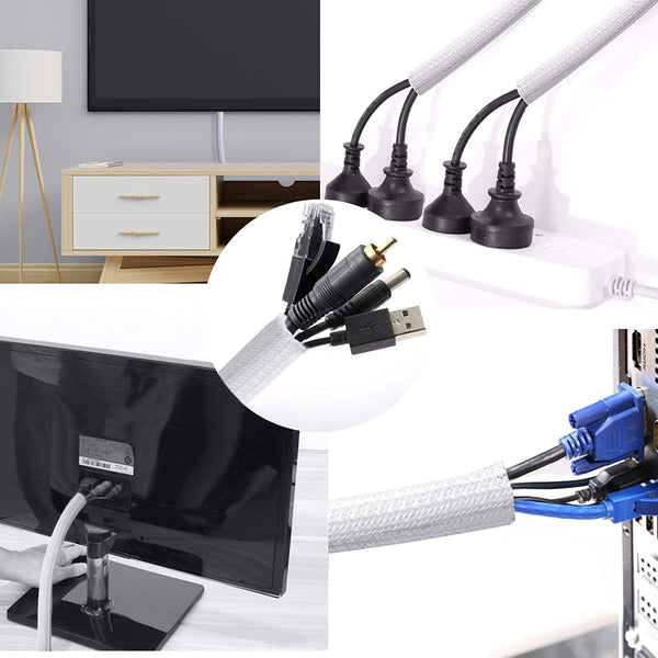 Cable Sleeve 2M Diameter 19Mm Management Braided Sheathing Protector Stretchable Cuttable Pet White For Tv / Computer Home Theater Engine Compartment