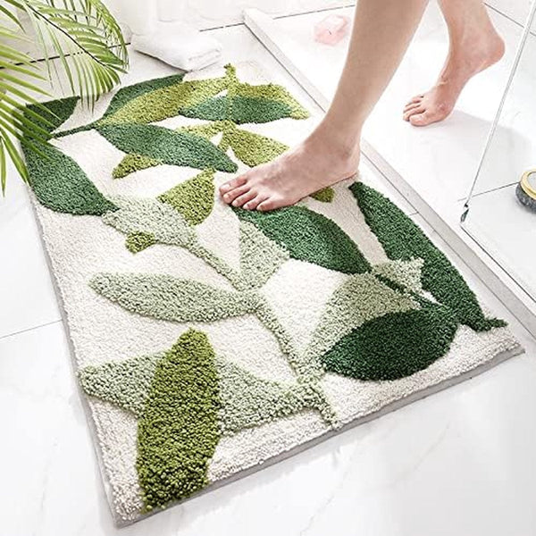 Non Slip Bath Mat 50X80cm Water Absorbent Machine Washable Green Leaves Bath Mats Rugs & Toilet Covers