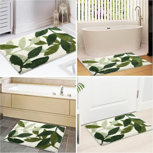 Non Slip Bath Mat 50X80cm Water Absorbent Machine Washable Green Leaves Bath Mats Rugs & Toilet Covers