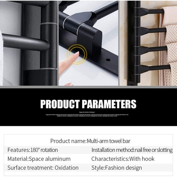 Swivel Towel Rack Wall Mounted 4 Arm Rotating Black Towel Racks