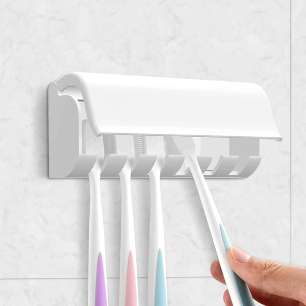 Wall Mounted Toothbrush Holder With 6 Compartments And Self Adhesive White Tumblers & Toothbrush Holders