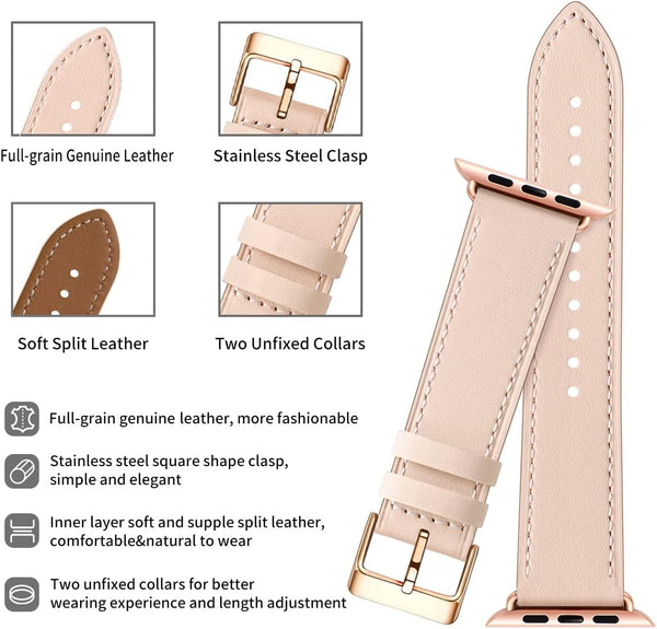 Compatible With Apple Watch Leather Replacement Band Genuine Series 9 8 7 6 5 4 3 2 1 Ultra 38Mm 40Mm 41Mm Rose Gold Pink Watch Bands