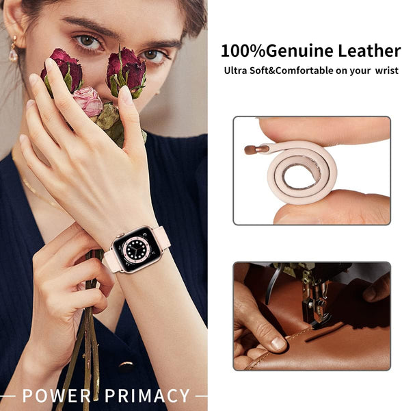 Compatible With Apple Watch Leather Replacement Band Genuine Series 9 8 7 6 5 4 3 2 1 Ultra 38Mm 40Mm 41Mm Rose Gold Pink Watch Bands