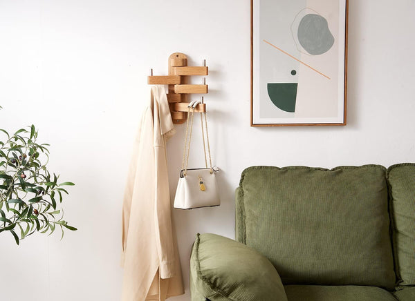 Oak Coat Rack Wall Mounted Rotating Hook For Entryway Coat & Hat Racks