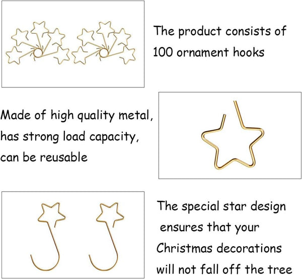Gold Star Christmas Tree Baubles Hooks 100 Pack For Decoration Seasonal Decorations