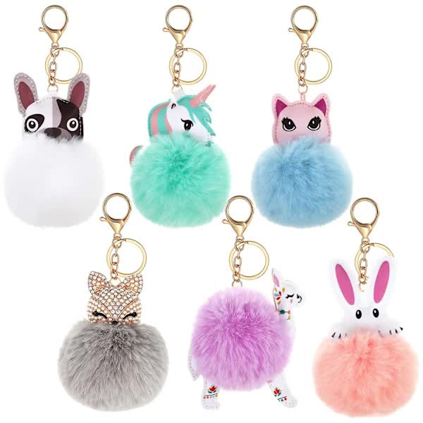 6 Pack Cute Animal Pom Keychain Faux Plush Fluffy Keychains For Girls Keyrings