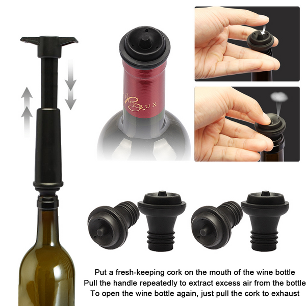 Vacu Vin Black Pump With Wine Saver Stoppers Keeps Fresh Bottle Stoppers