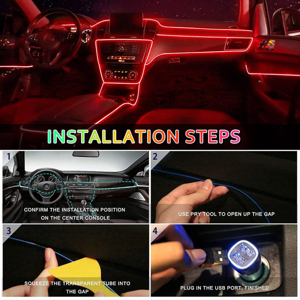 Car Led Interior Strip Light 3M Usb Neon Wire Lamps Glowing Ambient Lighting Decorations Red Other Car Interior
