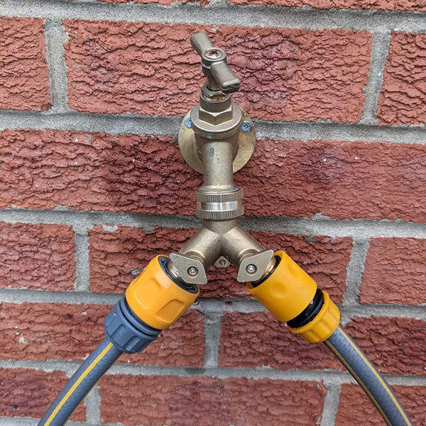 2 Way Brass Tap Connector With Single Valves Yellow Connectors Valves & Accessories
