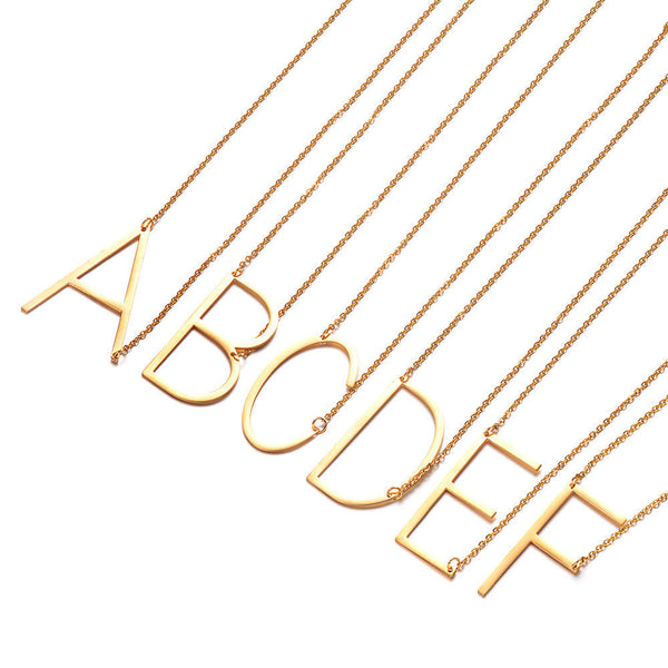 Gold Side Block Shaped Initial Letter Necklace For Women Stainless Steel English Aa Necklaces & Pendants
