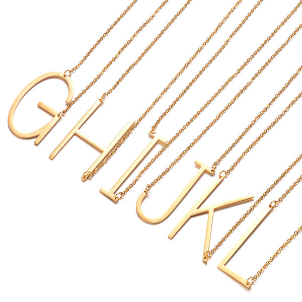 Gold Side Block Shaped Initial Letter Necklace For Women Stainless Steel English Aa Necklaces & Pendants