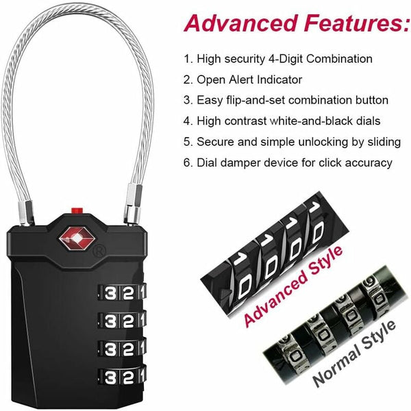 Tsa Lock 4 Digit Combination Luggage Suitcase Alarm Anti Theft Code With Opening Black 1 Piece Combination Padlocks