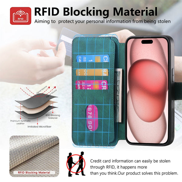 New Magnetic Two In One Separation Structure Mobile Phone Case Card Holder Rfid Anti Theft Brush Suitable For Iphone Gr Green 15 Cases Covers & Skins
