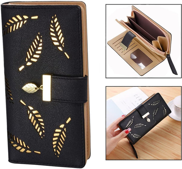 Women's Large Capacity Long Wallet Hollow Leaf Design Black Wallets