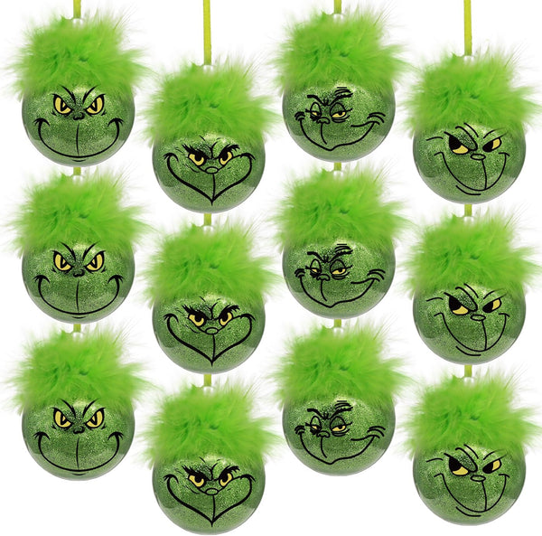 Grinch Christmas Baubles 12 Pcs Fluffy Green Hair Glitter Tree Ornaments Indoor Decor Seasonal Decorations