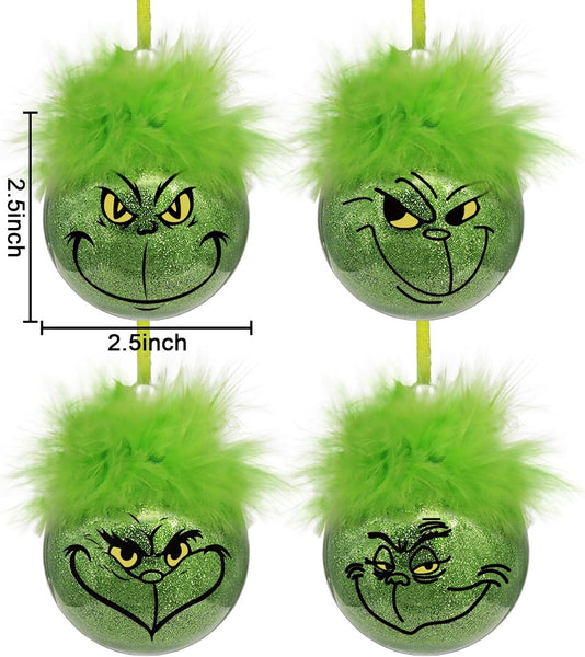 Grinch Christmas Baubles 12 Pcs Fluffy Green Hair Glitter Tree Ornaments Indoor Decor Seasonal Decorations