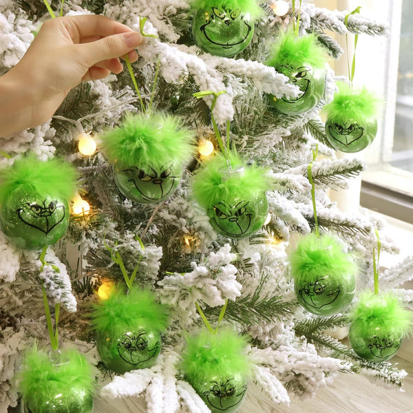 Grinch Christmas Baubles 12 Pcs Fluffy Green Hair Glitter Tree Ornaments Indoor Decor Seasonal Decorations
