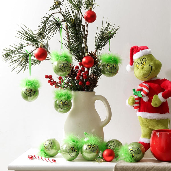 Grinch Christmas Baubles 12 Pcs Fluffy Green Hair Glitter Tree Ornaments Indoor Decor Seasonal Decorations