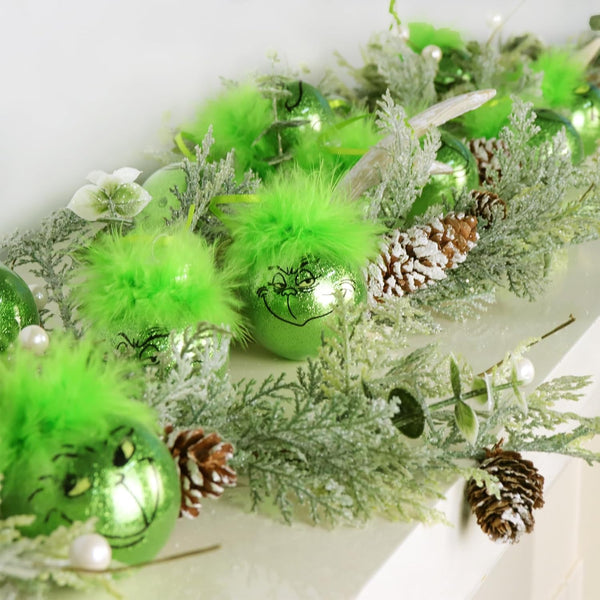 Grinch Christmas Baubles 12 Pcs Fluffy Green Hair Glitter Tree Ornaments Indoor Decor Seasonal Decorations