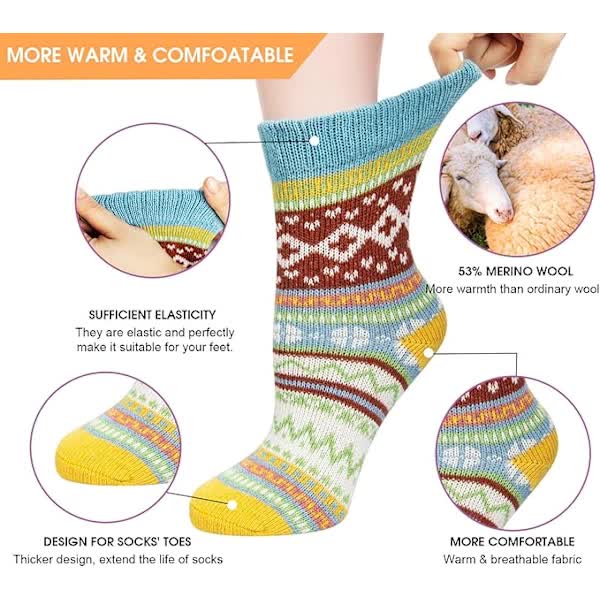 5 Pairs Women's Merino Wool Socks Thermal Hiking Winter Breathable Womens Socks