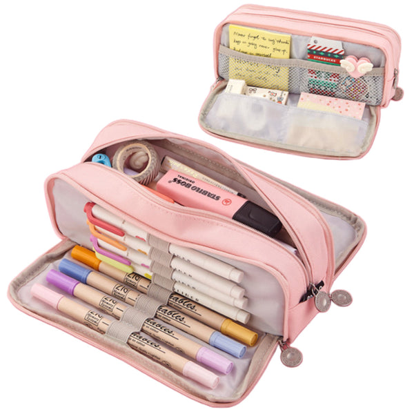 Large Capacity Pencil Case 3 Compartments Bag School Pink Pencil Cases