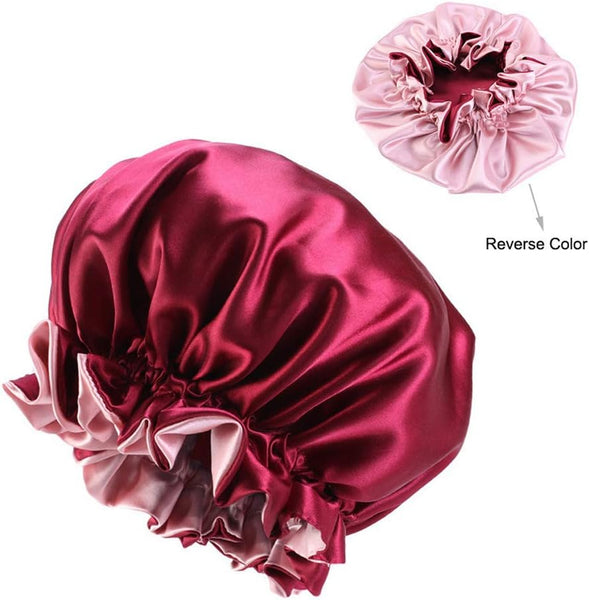 Solid Color Silky Satin Bonnet Cap Bonnets For Curly Hair Women Wrap Sleeping Double Layers Wine Red Hair Accessories