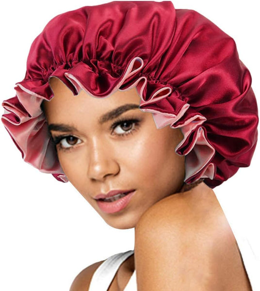 Solid Color Silky Satin Bonnet Cap Bonnets For Curly Hair Women Wrap Sleeping Double Layers Wine Red Hair Accessories