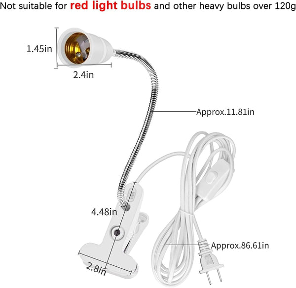 Bahong Clip Desk Lamp Socketdesk Light Adapterclip Bulb Holdere26/E27 Flexible Socket86.6In Table Reading Lightnight With Cordclamp Stand On/Off Switc