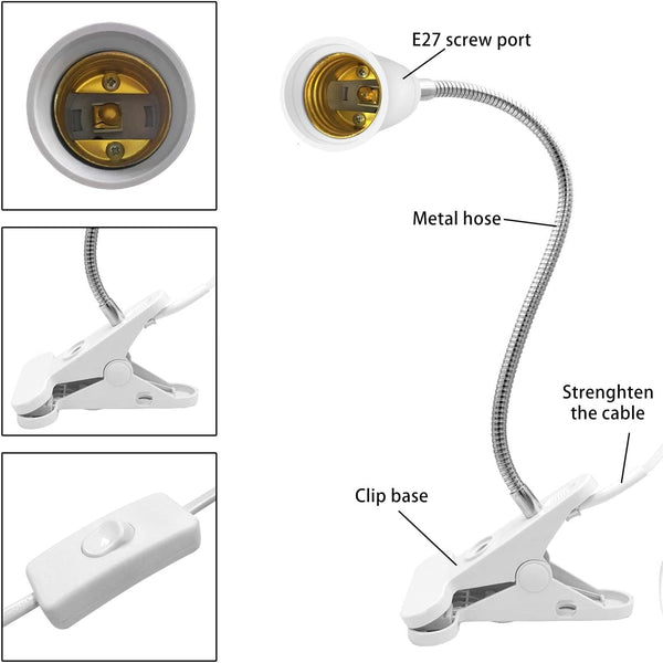 Bahong Clip Desk Lamp Socketdesk Light Adapterclip Bulb Holdere26/E27 Flexible Socket86.6In Table Reading Lightnight With Cordclamp Stand On/Off Switc