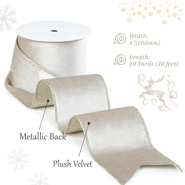 Champagne Velvet Wired Ribbon With Glitter Back 4 Inch Ivory And Gold Christmas For Tree Decorations Gift Wrapping Mantel Wreaths Supplies Topper Bows