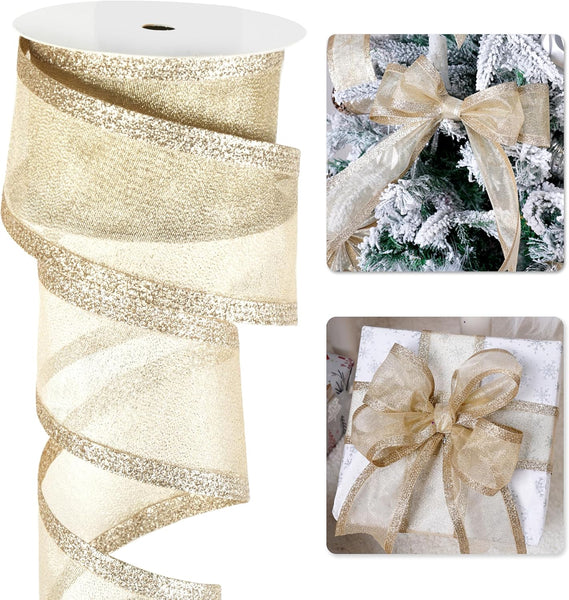 Champagne Christmas Ribbon Wired 2.5 Inch Gold Metallic With Glitter Stripe For Tree Wreaths Supplies Swag Garland Holiday Decor 10 Yards Seasonal Dec