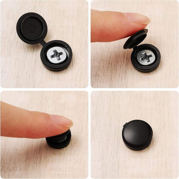 100 Pieces Hinged Screw Cover Caps Plastic Shutter Fold Snap Covers Washer Flip Tops Black Large Screws & Bolts