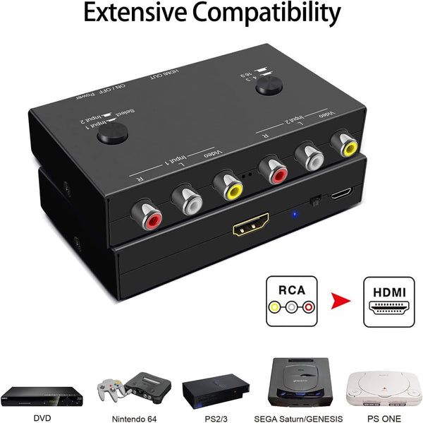 2Port Av To Hdmi Converter Will Input Analog Aignals Digital Output Signal Built 16:9/4:3 Adjustment Perfect For Old Video Game Systemspswiixboxdvdvhs