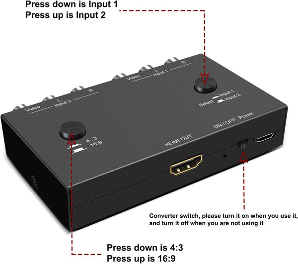 2Port Av To Hdmi Converter Will Input Analog Aignals Digital Output Signal Built 16:9/4:3 Adjustment Perfect For Old Video Game Systemspswiixboxdvdvhs