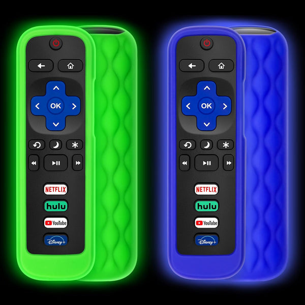 (Pack Of 2) Remote Cover Case For Roku Tv Control/Silicone Protective Sleeve Skin Glow In The Dark (Green/Blue) Remote Controls