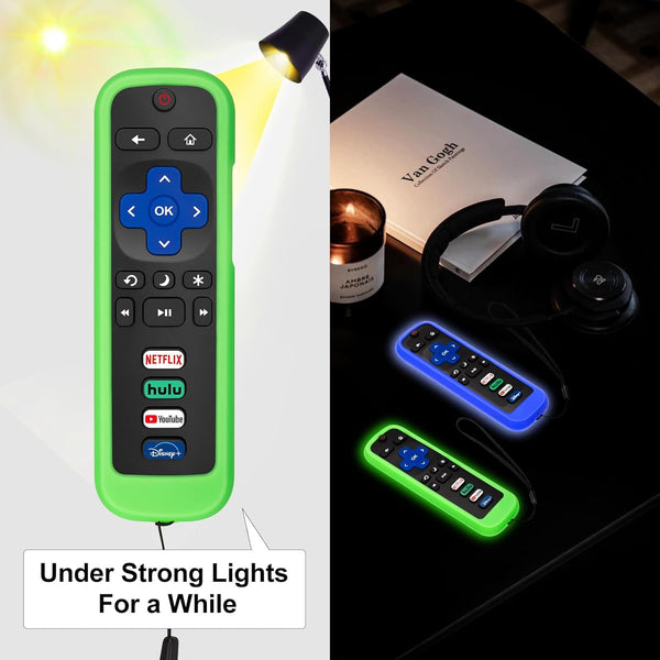 (Pack Of 2) Remote Cover Case For Roku Tv Control/Silicone Protective Sleeve Skin Glow In The Dark (Green/Blue) Remote Controls