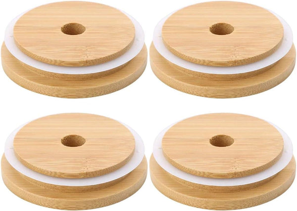 4 Pack 86Mm Wide Mouth Bamboo Mason Jar Lids With Straw Hole Reusable Caps Leak Proof Glass Canning Drinking Storage Jars Canisters & Jars