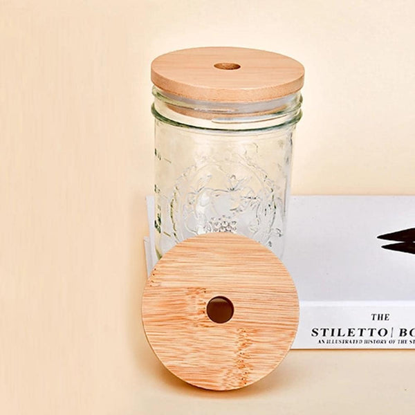 4 Pack 86Mm Wide Mouth Bamboo Mason Jar Lids With Straw Hole Reusable Caps Leak Proof Glass Canning Drinking Storage Jars Other Kitchen Gadgets