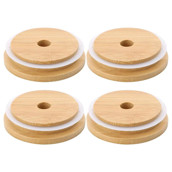 4 Pack 86Mm Wide Mouth Bamboo Mason Jar Lids With Straw Hole Reusable Caps Leak Proof Glass Canning Drinking Storage Jars Other Kitchen Gadgets