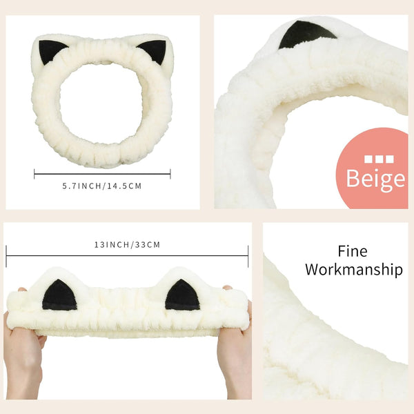 2 Packs Cute Cat Spa Headband For Washing Face Makeup Skincare Animal Women Girls Trendy Stuff Gifts Soft Coral Fleece Facial Hair Accessories Beige +