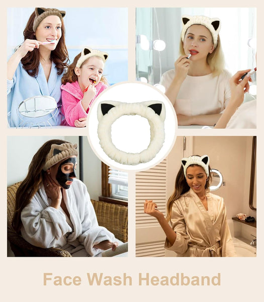 2 Packs Cute Cat Spa Headband For Washing Face Makeup Skincare Animal Women Girls Trendy Stuff Gifts Soft Coral Fleece Facial Hair Accessories Beige +