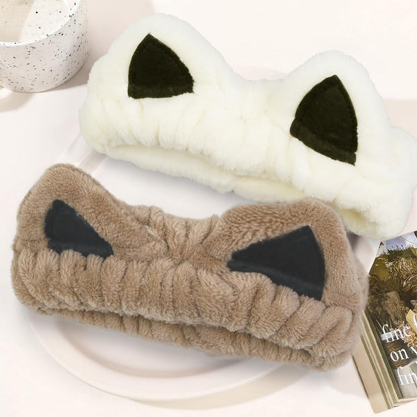 2 Packs Cute Cat Spa Headband For Washing Face Makeup Skincare Animal Women Girls Trendy Stuff Gifts Soft Coral Fleece Facial Hair Accessories Beige +