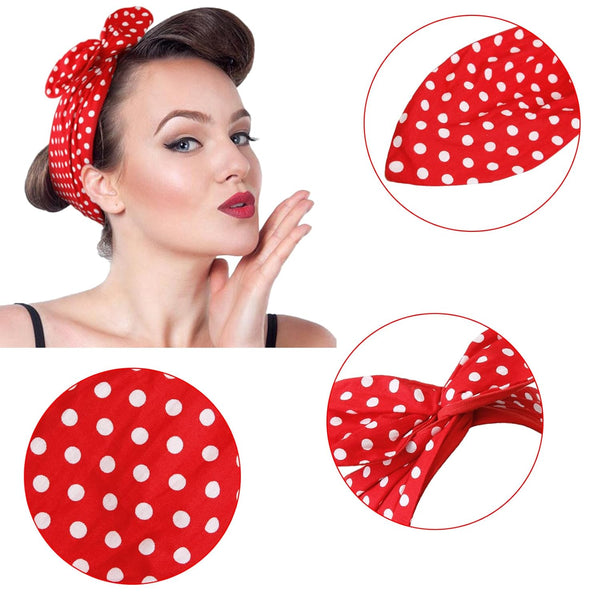 Red And White Polka Dot Bandana Headband Vintage Wire Hairband With Bow Wide Headbands Retro 50S Accessories For Women Girls Scarves & Wraps